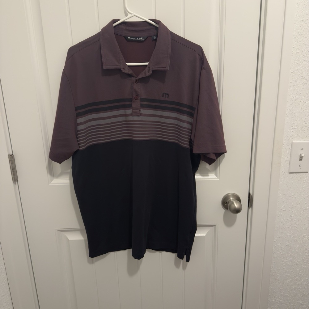 Travis Mathew Men's Polo Purple Black Color block Chest Stripes Size‎ Large